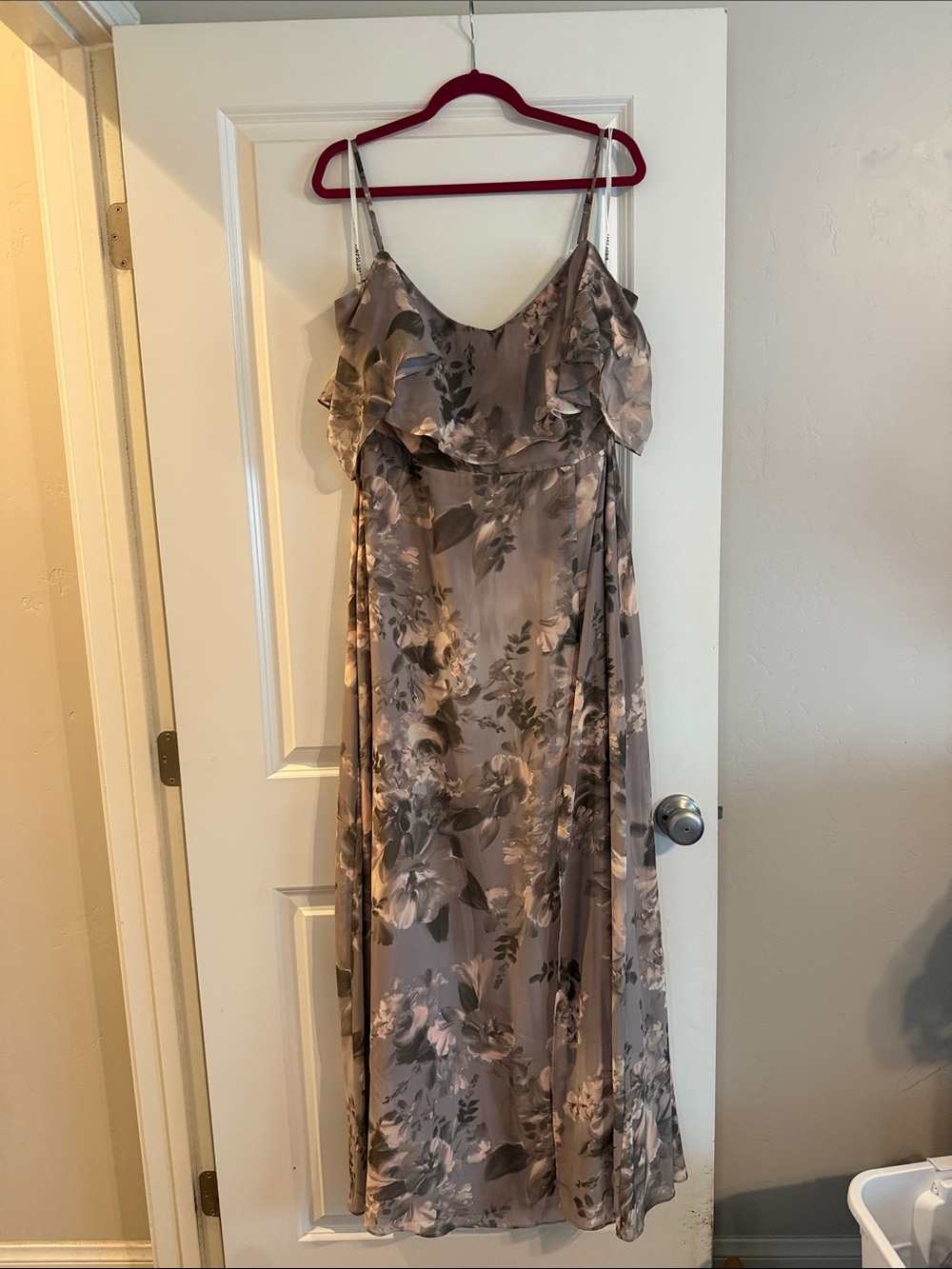 Birdy Grey Taupe Floral Maxi Dress with Ruffle Bodice